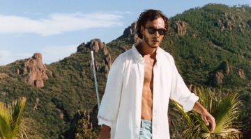 Cleaning the pool, Pierre-Benoit Talbourdet models an open white shirt with tapered jeans from Closed.