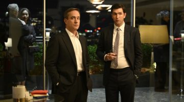 Succession stars Matthew Macfadyen and Nicholas Braun. Playing Cousin Greg, Braun wears an IWC watch.