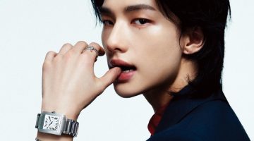 Hyunjin dons a Wooyoungmi suit jacket with a Cartier Tank Française watch, white gold love bracelet, and Juste un Clou ring for the June 2023 cover of Esquire Korea.