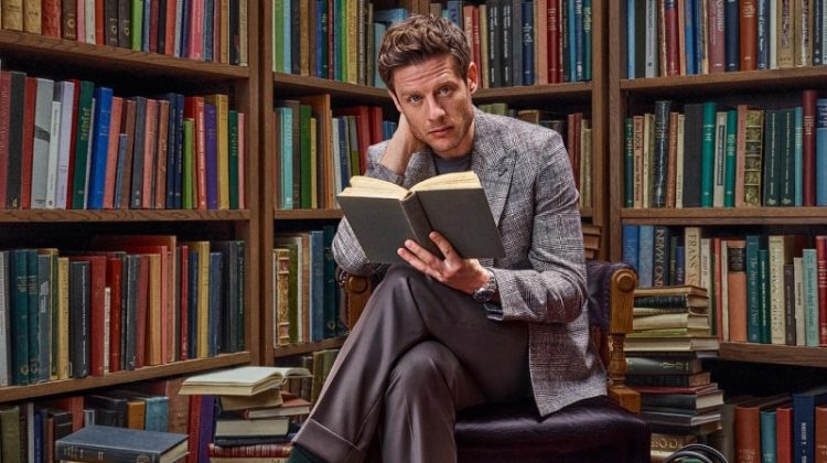 Actor James Norton is pictured alongside the Montblanc Meisterstück Selection Soft 24/7 Bag for the brand's The Library Spirit campaign.