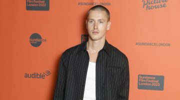 Harris Dickinson wears a pinstripe outfit by Bottega Veneta to attend Sundance Film Festival London for the Scrapper opening gala.