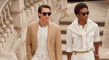 Models James Turlington and Stan Taylor wear chic, neutral-colored looks from the Ralph Lauren spring-summer 2023 collection.