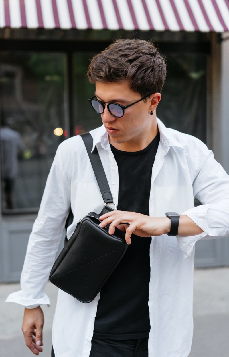 Man Crossbody Leather Bag White Shirt