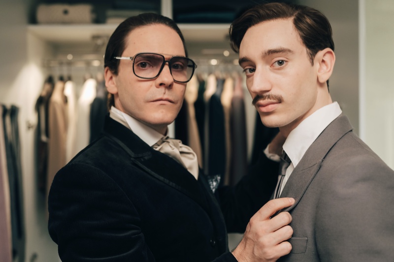 Daniel Brühl as Karl Lagerfeld with Théodore Pellerin as Jacques de Bascher