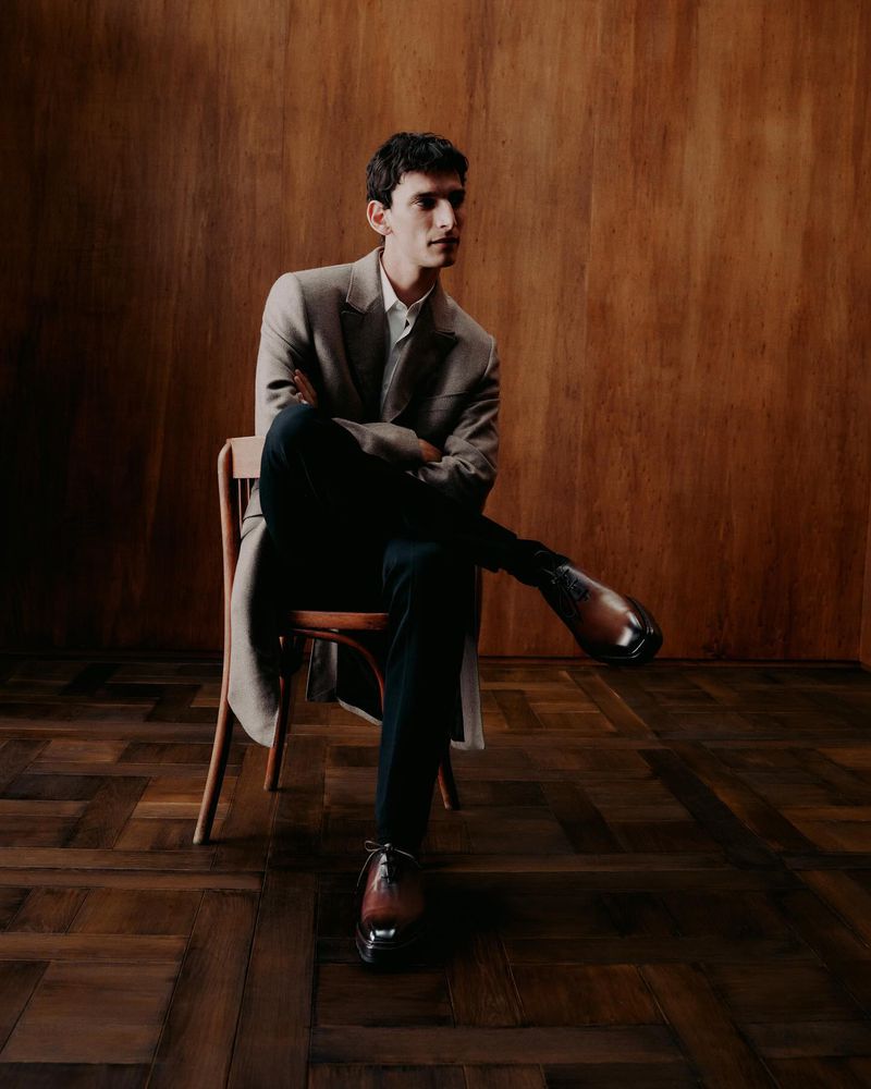 French model Thibaud Charon wears Berluti’s Alessandro oxford shoes for the brand’s fall-winter 2024 campaign.