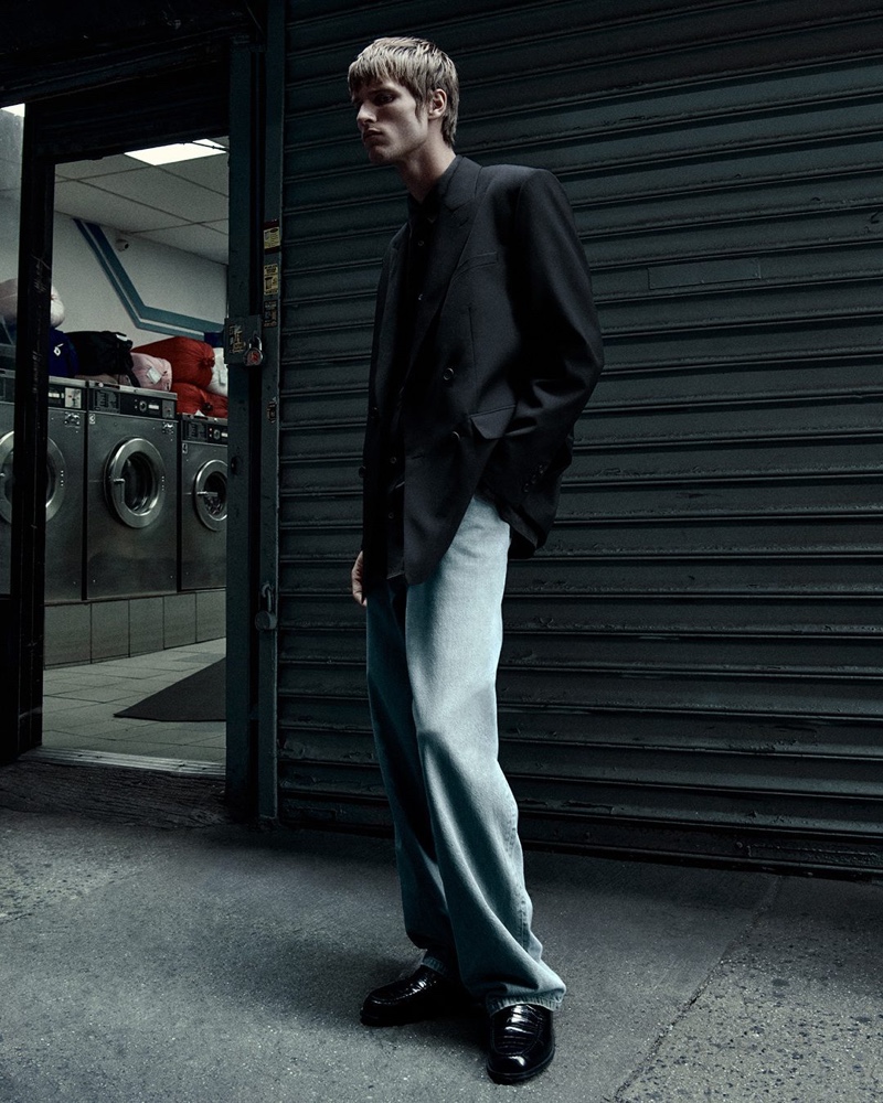 Photographed in Williamsburg, Yeray Allgayer wears a double-breasted blazer with jeans.