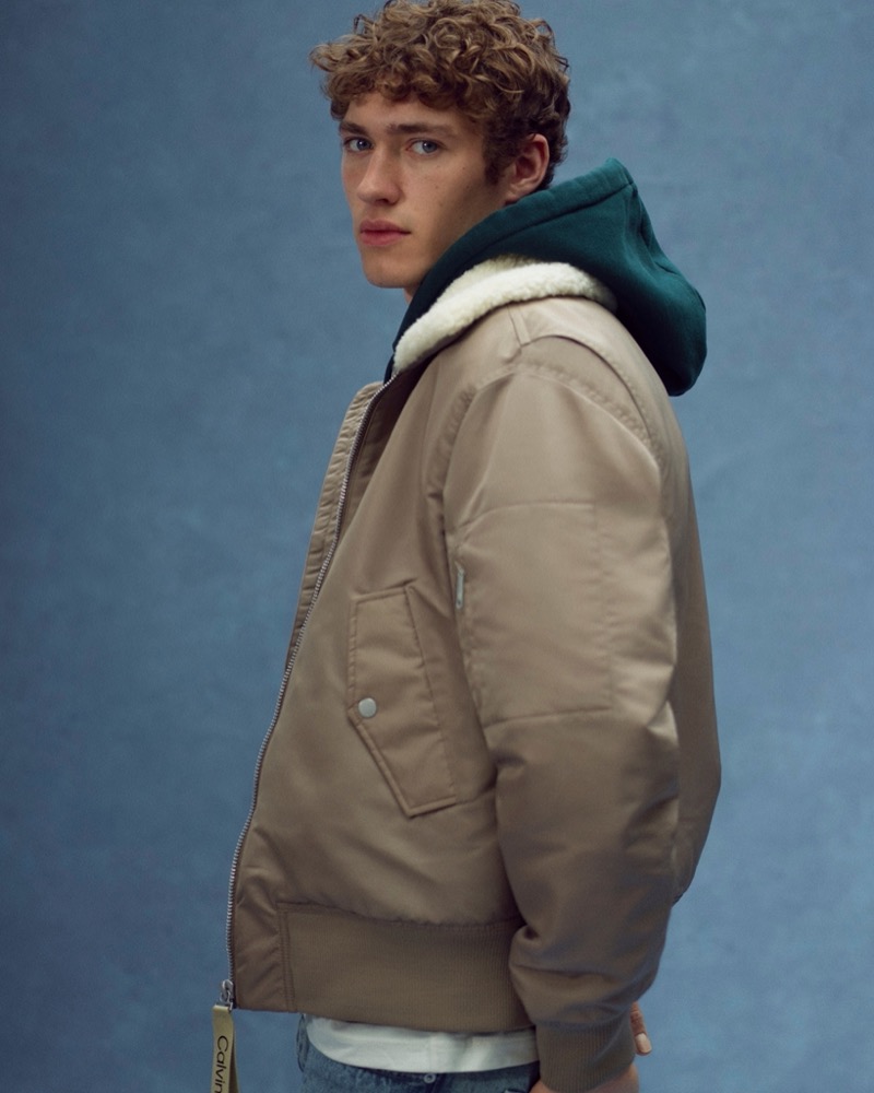 Model Valentin Humbroich wears Calvin Klein’s Sherpa-lined aviator jacket. Photo: Calvin Klein