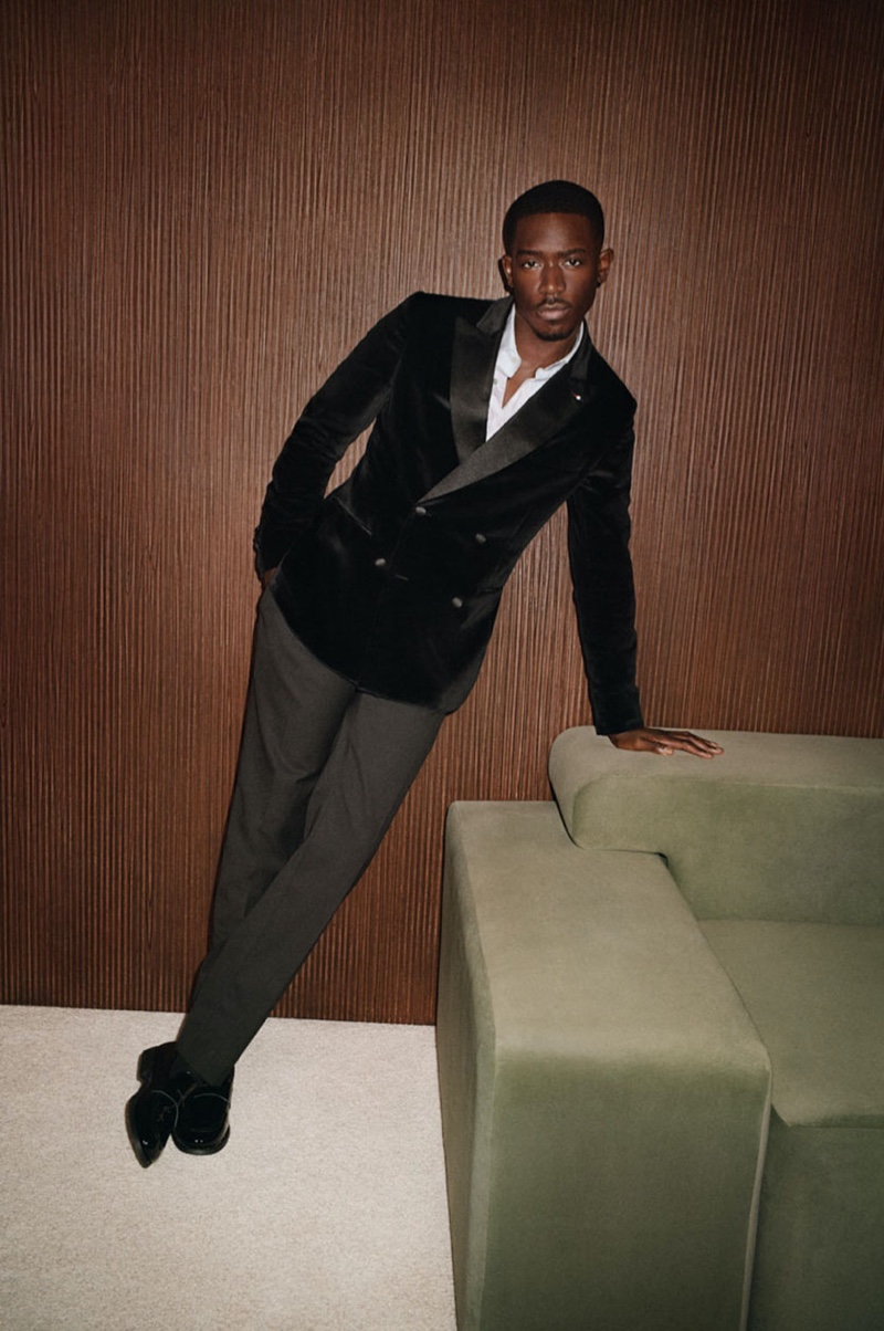 Damson Idris wears a dashing evening look for Tommy Hilfiger’s holiday 2024 advertisement.