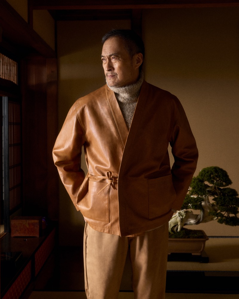 Actor Ken Watanabe wears a leather kimono jacket for Kith’s winter 2024 campaign.