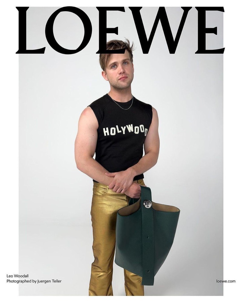 Leo Woodall wears a “Holywood” top with gold pants for Loewe’s pre-spring 2025 advertisement.