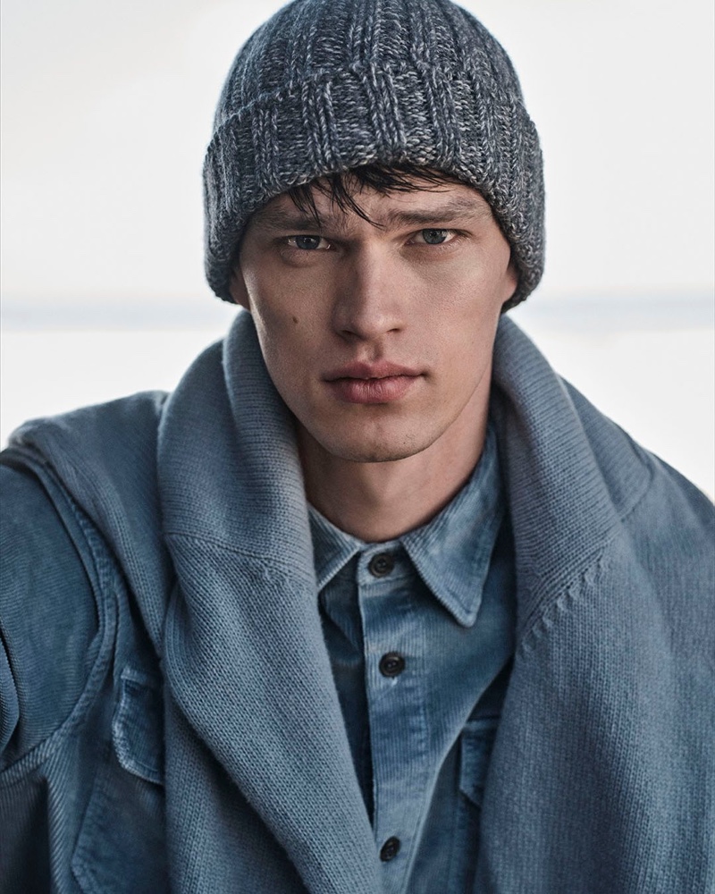 Filip Hrivnak models knitwear and corduroy for Paul & Shark’s fall-winter 2024 campaign.