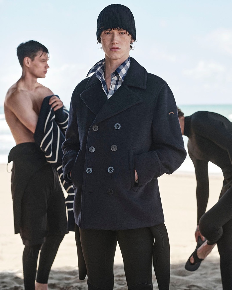 Grayson Meyers wears a classic peacoat for Paul & Shark’s fall-winter 2024 campaign.