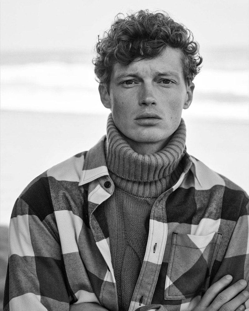 Alex Stoller layers in a turtleneck sweater and flannel for Paul & Shark’s fall-winter 2024 campaign.