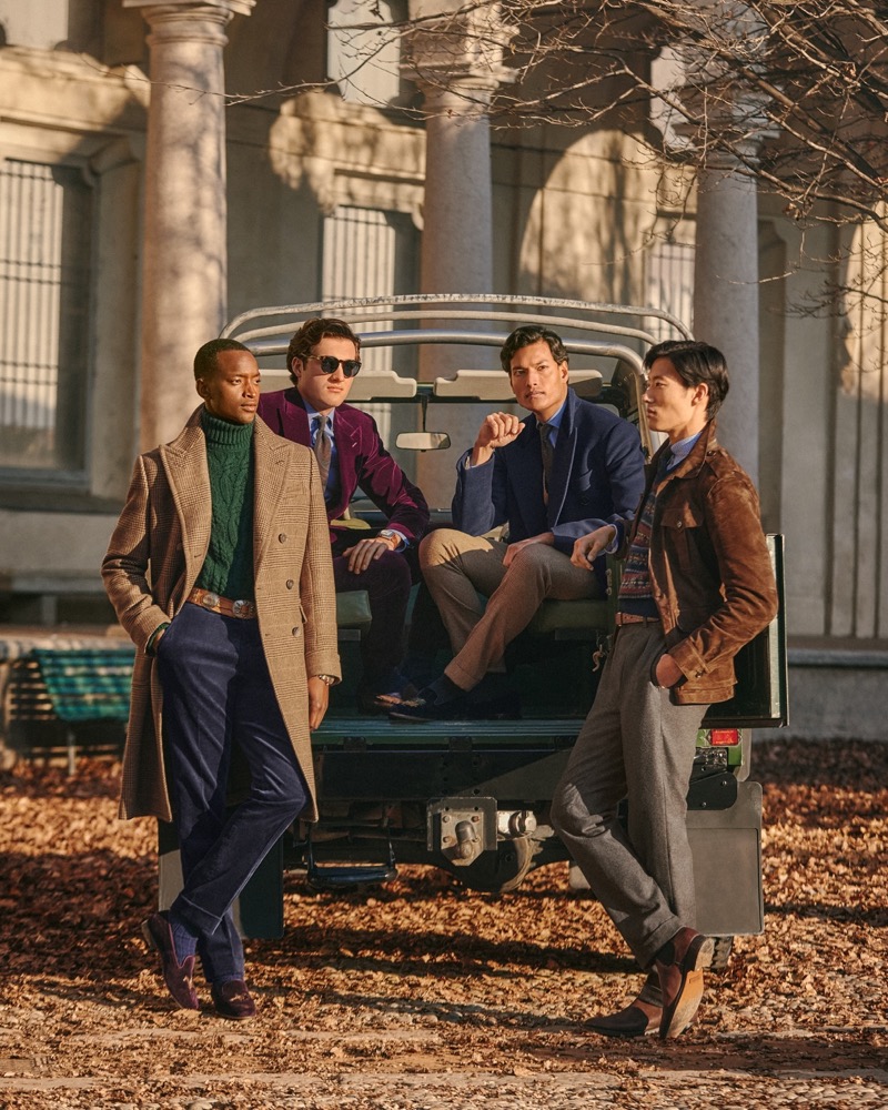 Oliver Kumbi, Adam Sattrup, Joy Islam, and Juhyung Kang model sharp looks from Ralph Lauren Purple Label’s fall 2024 collection.