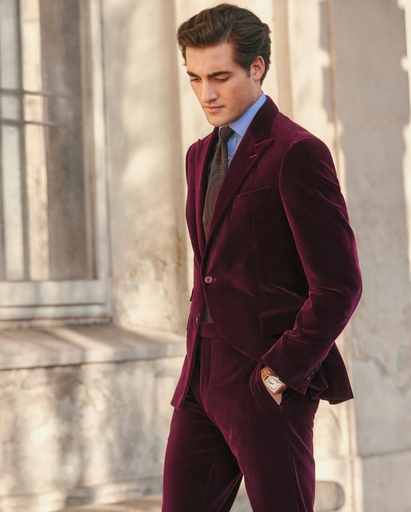 Adam Sattrup wears a brushed velvet suit from Ralph Lauren Purple Label. 