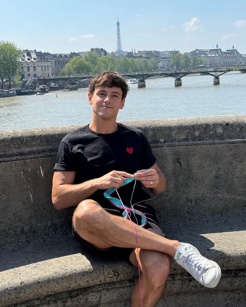 Tom Daley brings his knitting to Paris, France. 