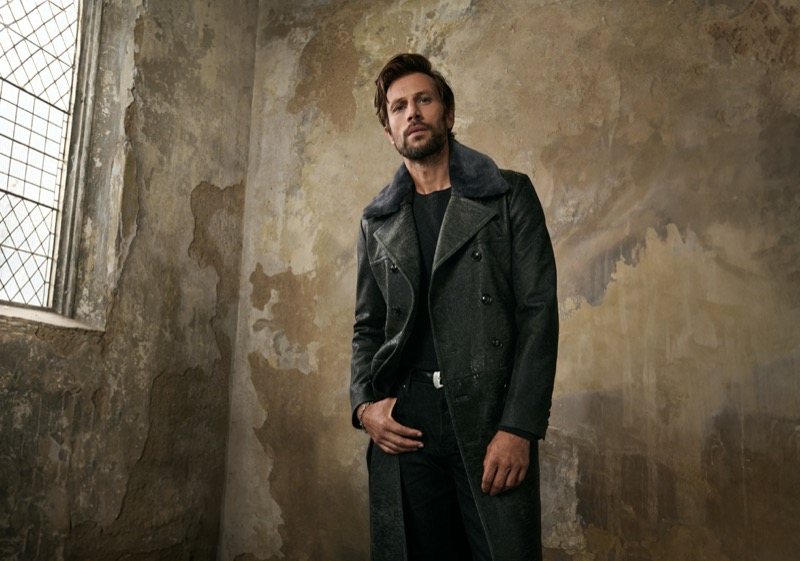 Baptiste Mayeux wears a sheepskin coat from the John Varvatos resort 2024 collection. Photo: John Varvatos