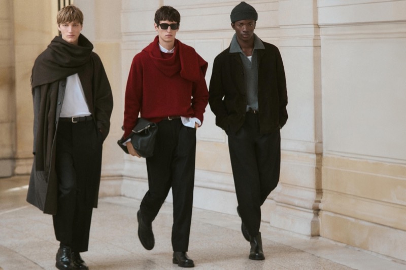 Trystan Ricketts, Rokas Kavaliauskas, and Feranmi Ajetomobi model the latest menswear from Massimo Dutti.